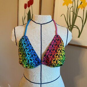 Handmade fabric & crochet bikini top adjustable festival top rainbow peace sign
